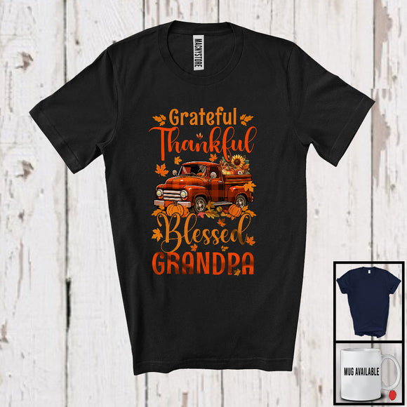 MacnyStore - Grateful Thankful Blessed Grandpa; Adorable Thanksgiving Plaid Pickup Truck; Family Group T-Shirt