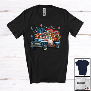 MacnyStore - Group Wild Animal On Pickup Truck, Humorous 4th Of July Wild Animal With American Flag, Patriotic T-Shirt