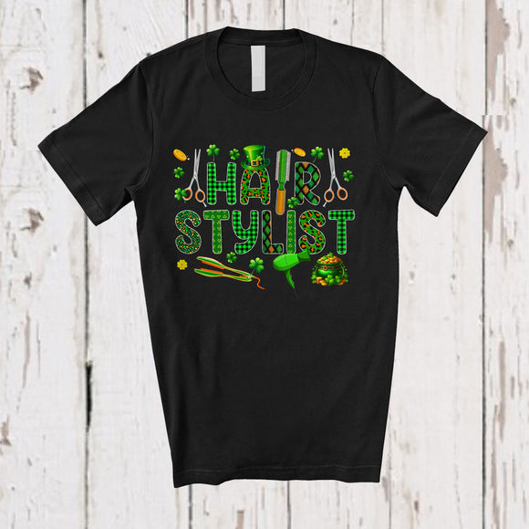 MacnyStore - Hair Stylist; Awesome St. Patrick's Day Green Plaid Shamrocks Scissors Hair Stylist; Proud Jobs T-Shirt