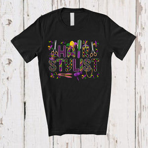 MacnyStore - Hair Stylist; Joyful Mardi Gras Jester Hat And Beads Scissors Hair Stylist; Plaid Jobs Careers Family T-Shirt