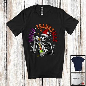 MacnyStore - Hallo-Thanksmas; Joyful Halloween Thanksgiving Christmas Santa Skeleton Champagne; Drinking T-Shirt