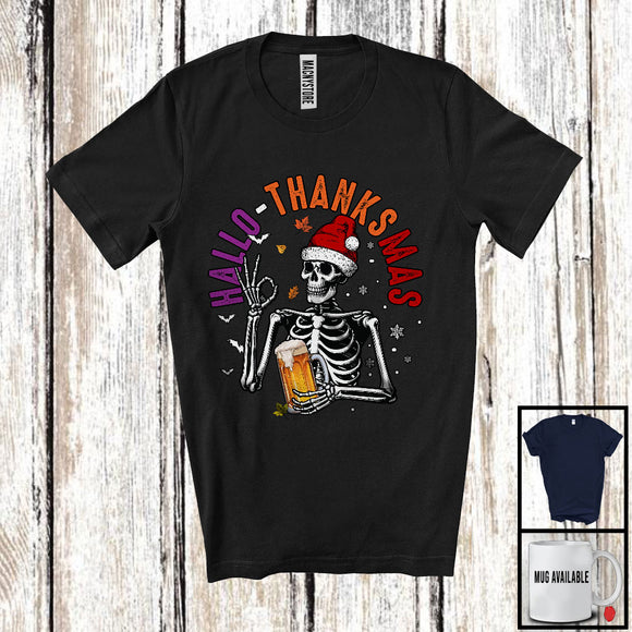 MacnyStore - Hallo-Thanksmas; Joyful Halloween Thanksgiving Christmas Santa Skeleton With Beer; Drinking T-Shirt