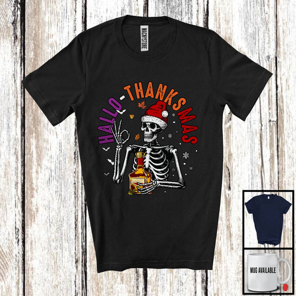 MacnyStore - Hallo-Thanksmas; Joyful Halloween Thanksgiving Christmas Santa Skeleton With Bourbon; Drinking T-Shirt