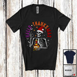 MacnyStore - Hallo-Thanksmas; Joyful Halloween Thanksgiving Christmas Santa Skeleton With Bourbon; Drinking T-Shirt