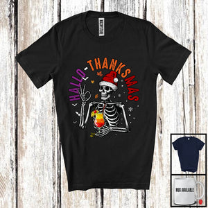 MacnyStore - Hallo-Thanksmas; Joyful Halloween Thanksgiving Christmas Santa Skeleton With Cocktail; Drinking T-Shirt