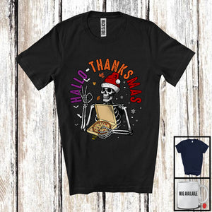 MacnyStore - Hallo-Thanksmas; Joyful Halloween Thanksgiving Christmas Santa Skeleton With Pizza; Food T-Shirt