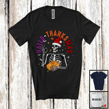 MacnyStore - Hallo-Thanksmas; Joyful Halloween Thanksgiving Christmas Santa Skeleton With Roast Turkey; Food T-Shirt