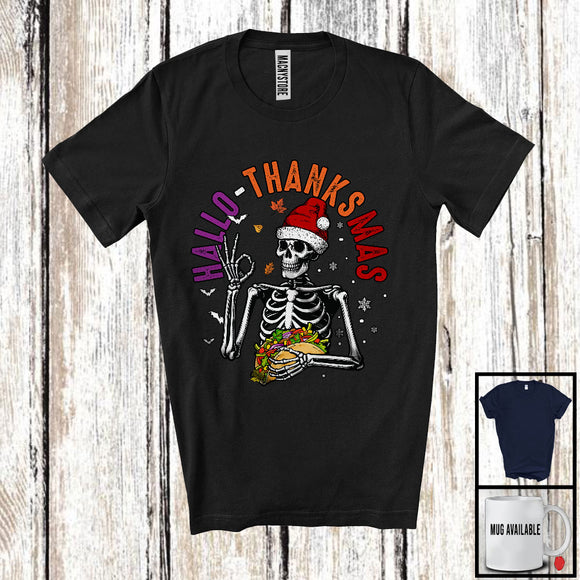 MacnyStore - Hallo-Thanksmas; Joyful Halloween Thanksgiving Christmas Santa Skeleton With Taco; Food T-Shirt