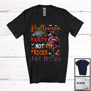 MacnyStore - Halloween Party Not Tricks Just Treats, Lovely Witch Flamingo, Carved Pumpkin Candy Animal T-Shirt