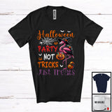 MacnyStore - Halloween Party Not Tricks Just Treats, Lovely Witch Flamingo, Carved Pumpkin Candy Animal T-Shirt