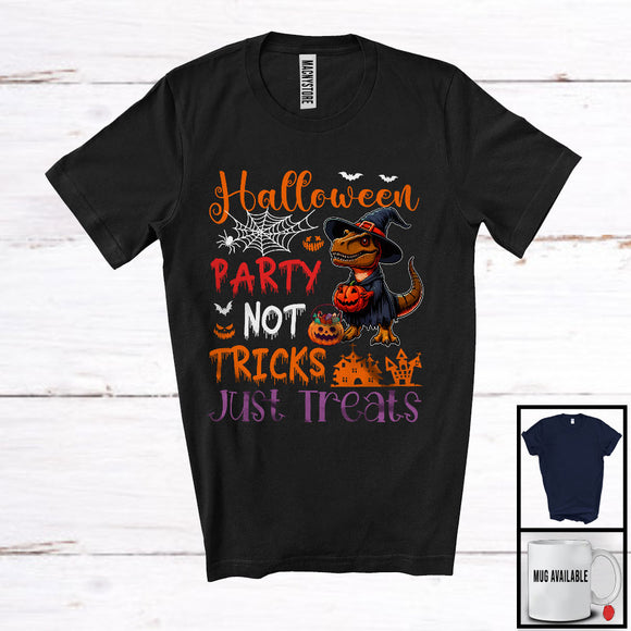 MacnyStore - Halloween Party Not Tricks Just Treats, Lovely Witch T-Rex, Carved Pumpkin Candy Animal T-Shirt