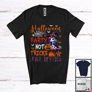 MacnyStore - Halloween Party Not Tricks Just Treats, Lovely Witch Unicorn, Carved Pumpkin Candy Animal T-Shirt