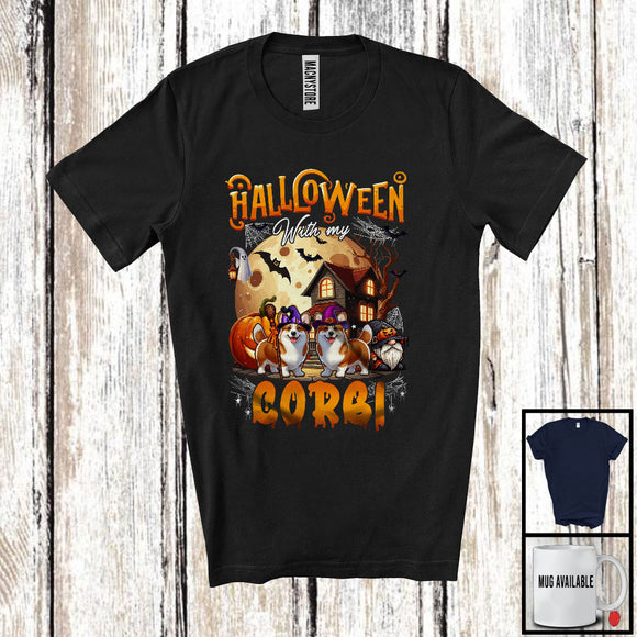 MacnyStore - Halloween With My Corgi, Amazing Halloween Moon Witch, Castle Gnomes Pumpkin T-Shirt