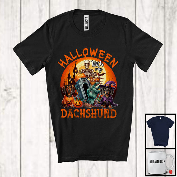 MacnyStore - Halloween With My Dachshund; Scary Moon Skeleton Zombie Hand; Pumpkin Candy Lover T-Shirt