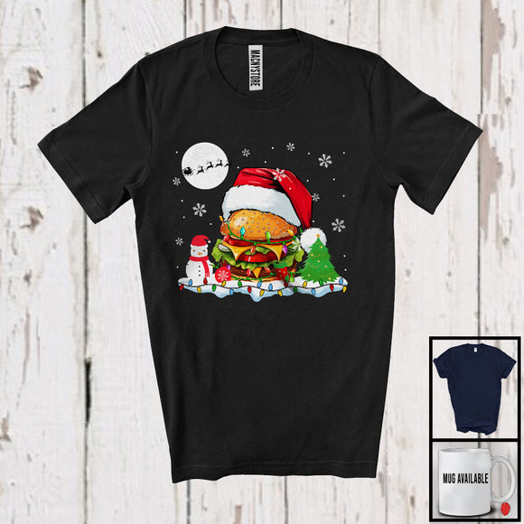 MacnyStore - Hamburger Wearing Santa Costume; Adorable Christmas Food Lover; X-mas Lights Snowing T-Shirt