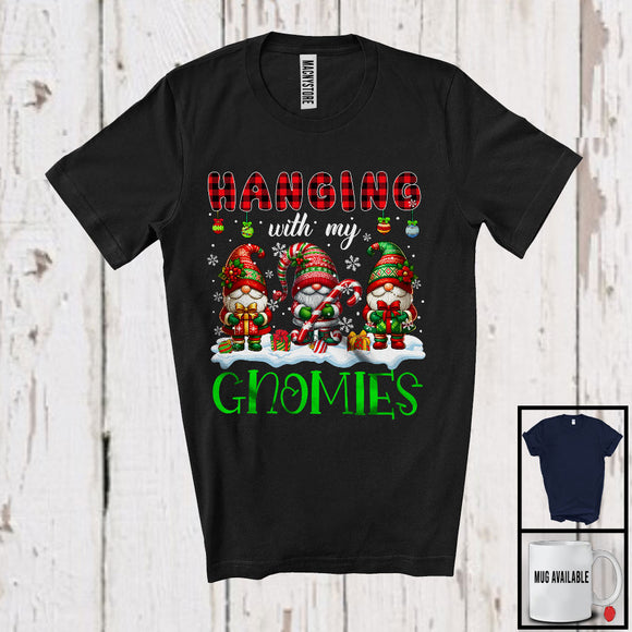 MacnyStore - Hanging With My Gnomies; Amazing Christmas Plaid Three Santa Gnomes; X-mas Snow Family T-Shirt