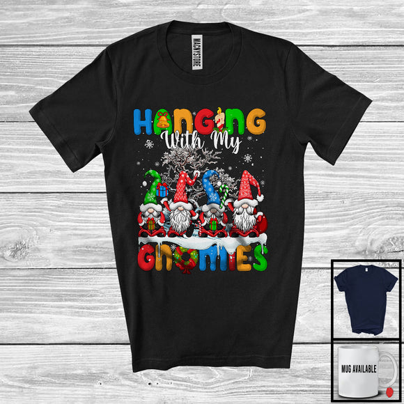 MacnyStore - Hanging With My Gnomies, Lovely Christmas Group Of Four Gnomes, Snowing Candy Cane T-Shirt