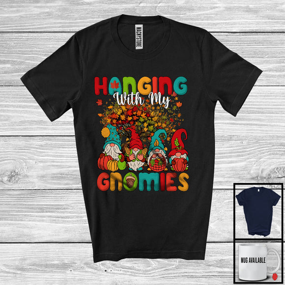 MacnyStore - Hanging With My Gnomies, Lovely Thanksgiving Group Of Four Gnomes, Fall Leaves Tree Pumpkins T-Shirt