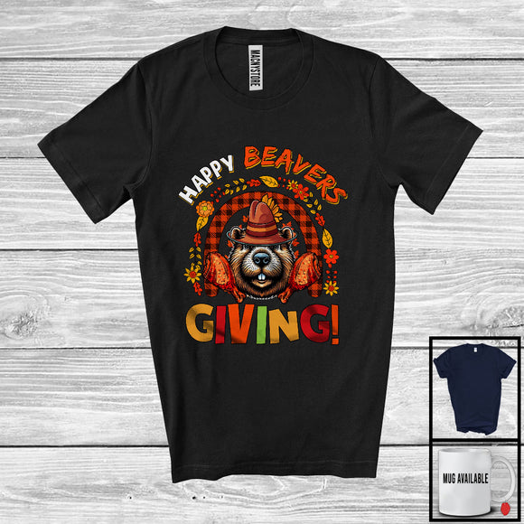 MacnyStore - Happy Beaversgiving; Wonderful Thanksgiving Pilgrim Beaver Animal; Fall Plaid Rainbow T-Shirt