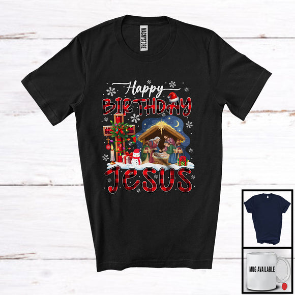 MacnyStore - Happy Birthday Jesus; Awesome Christmas Lights Plaid Cross; Snowing Matching Family Group T-Shirt