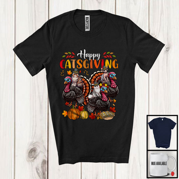 MacnyStore - Happy Catsgiving; Amazing Thanksgiving Three Kittens Riding Turkey; Fall Pumpkin Leaves T-Shirt