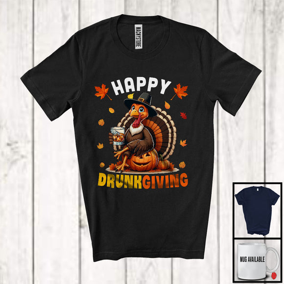 MacnyStore - Happy Drunkgiving; Sarcastic Thanksgiving Turkey Drinking Whiskey; Drunker Team Family T-Shirt