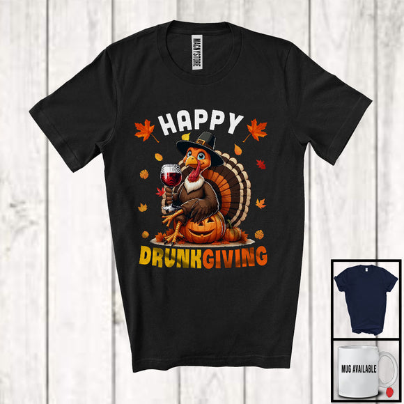 MacnyStore - Happy Drunkgiving; Sarcastic Thanksgiving Turkey Drinking Wine; Drunker Team Family T-Shirt