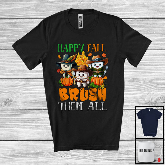 MacnyStore - Happy Fall Brush Them All; Lovely Thanksgiving Pumpkin Three Pilgrim Teeth; Dental Dentist T-Shirt