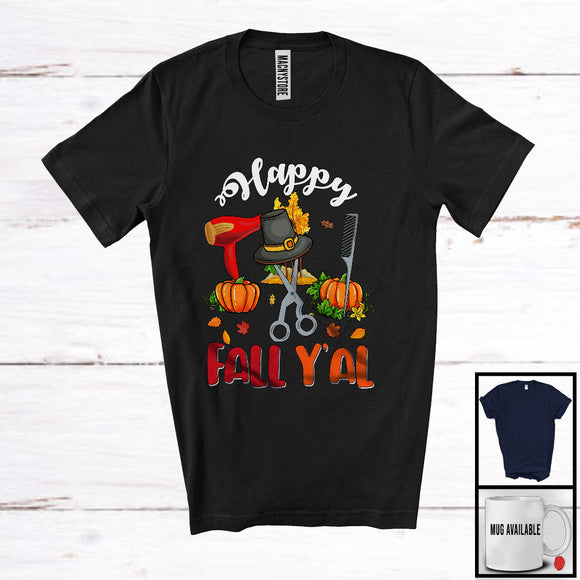 MacnyStore - Happy Fall Y'all, Awesome Thanksgiving Autumn Leaves Three Pumpkins Tools, Hair Stylist Group T-Shirt