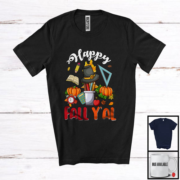 MacnyStore - Happy Fall Y'all, Awesome Thanksgiving Autumn Leaves Three Pumpkins Tools, Teacher Group T-Shirt