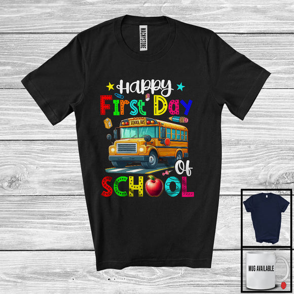 MacnyStore - Happy First Day Of School, Colorful Summer Vacation School Bus Driver, Matching Group T-Shirt