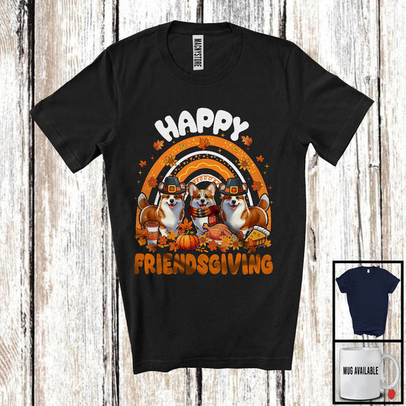 MacnyStore - Happy Friendsgiving, Wonderful Thanksgiving Three Corgi Owner, Rainbow Fall Leaves T-Shirt