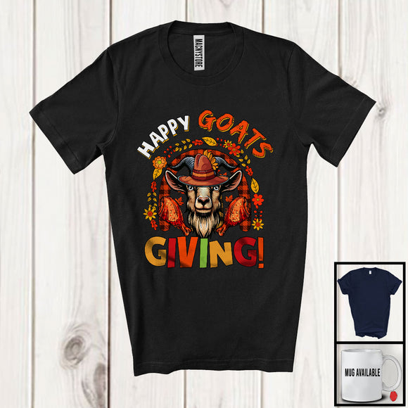 MacnyStore - Happy Goatsgiving; Fantastic Thanksgiving Plaid Rainbow Goat; Fall Leaves Farm Farmer Family T-Shirt