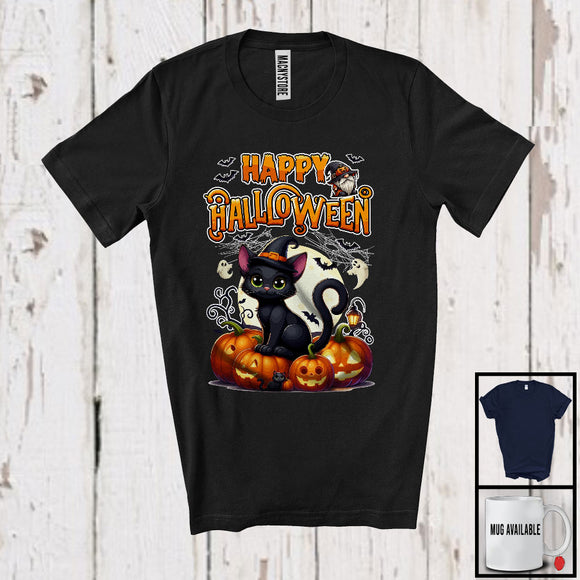 MacnyStore - Happy Halloween, Adorable Halloween Costume Moon Witch Cat Owner Lover, Carved Pumpkins T-Shirt