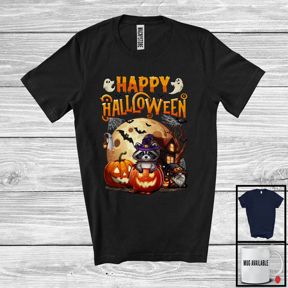 MacnyStore - Happy Halloween, Adorable Halloween Costume Raccoon Witch, Moon Pumpkin Wild Animal Lover T-Shirt