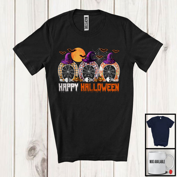 MacnyStore - Happy Halloween, Scary Halloween Costume Three Witch Horseshoes, Skulls Pumpkins T-Shirt