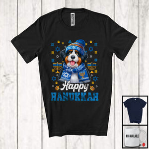 MacnyStore - Happy Hanukkah; Adorable Chanukah Blue Bernedoodle Dog Owner; Menorah Family Group T-Shirt