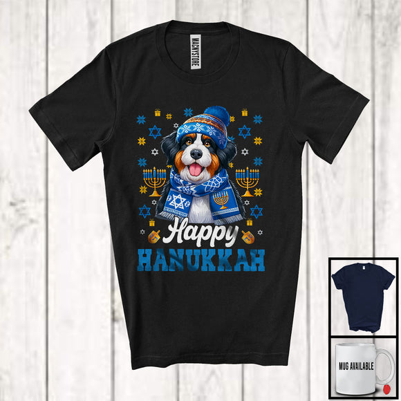 MacnyStore - Happy Hanukkah; Adorable Chanukah Blue Bernedoodle Dog Owner; Menorah Family Group T-Shirt