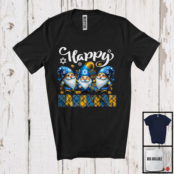 MacnyStore - Happy Hanukkah; Adorable Chanukah Blue Plaid Three Gnomes Holding Menorah; Gnomies Family T-Shirt