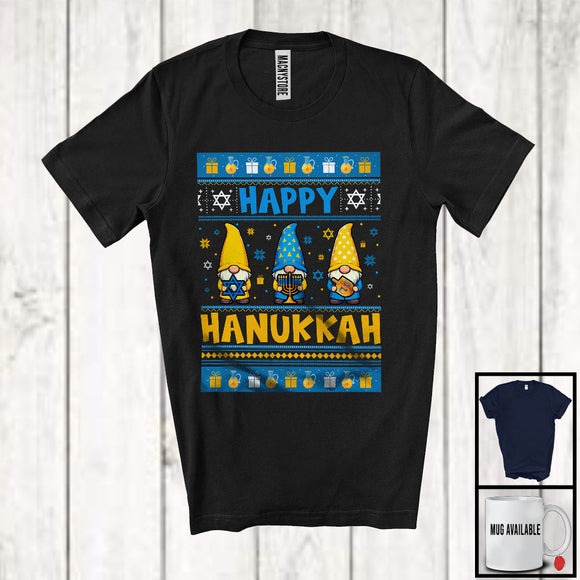 MacnyStore - Happy Hanukkah; Adorable Christmas Sweater Three Gnomes Gnomies; Menorah Dreidel Family T-Shirt