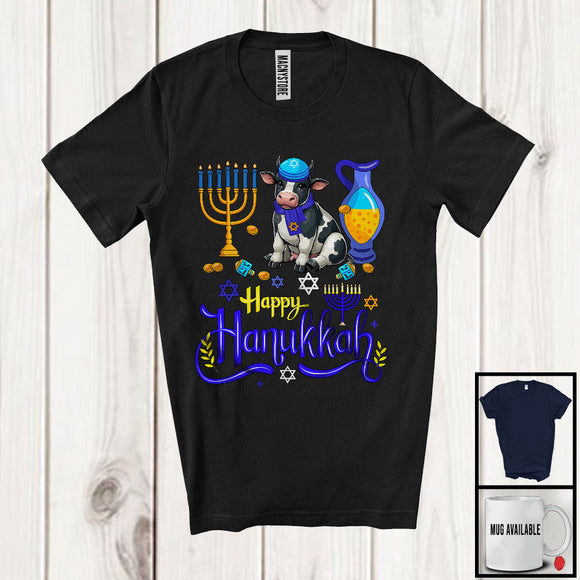 MacnyStore - Happy Hanukkah; Happy Chanukah Lovely Cow With Menorah; Farmer Family Group T-Shirt