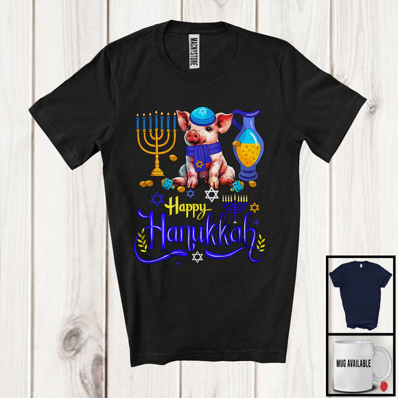 MacnyStore - Happy Hanukkah; Happy Chanukah Lovely Pig With Menorah; Farmer Family Group T-Shirt