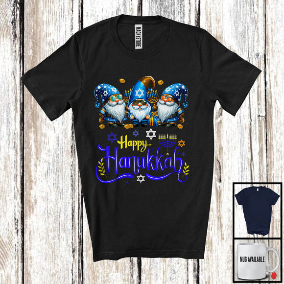 MacnyStore - Happy Hanukkah; Joyful Hanukkah Chanukah Plaid Three Gnomes With Menorah; Family Team T-Shirt