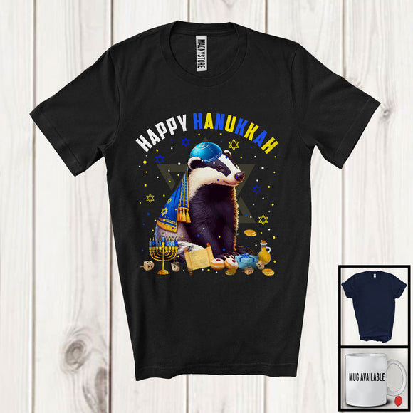 MacnyStore - Happy Hanukkah; Lovely Chanukah Badger Wearing Kippah; Wild Animal Lover Menorah Family T-Shirt