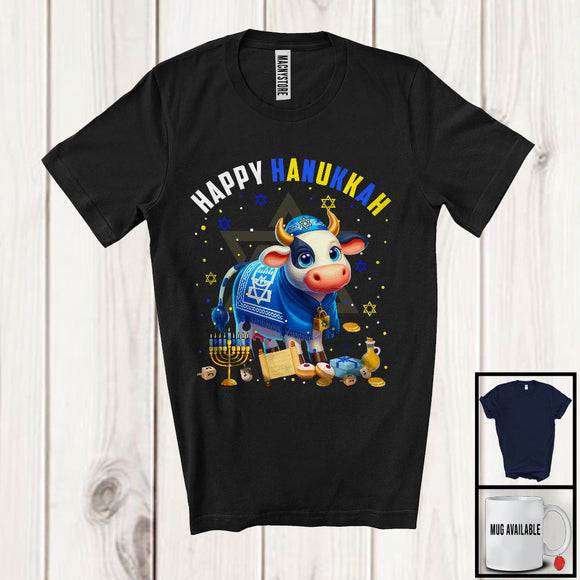 MacnyStore - Happy Hanukkah; Lovely Chanukah Cow Wearing Kippah; Farm Animal Farmer Menorah Family T-Shirt