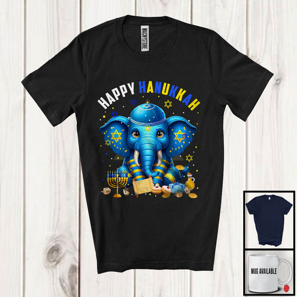 MacnyStore - Happy Hanukkah; Lovely Chanukah Elephant Wearing Kippah; Wild Animal Lover Menorah Family T-Shirt