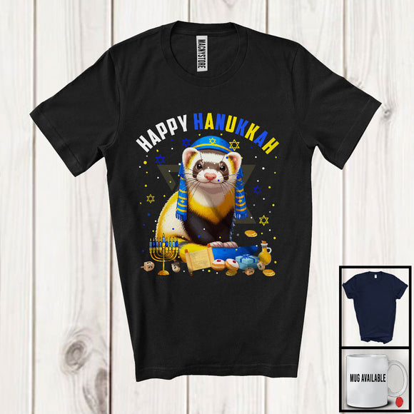 MacnyStore - Happy Hanukkah; Lovely Chanukah Ferret Wearing Kippah; Wild Animal Lover Menorah Family T-Shirt