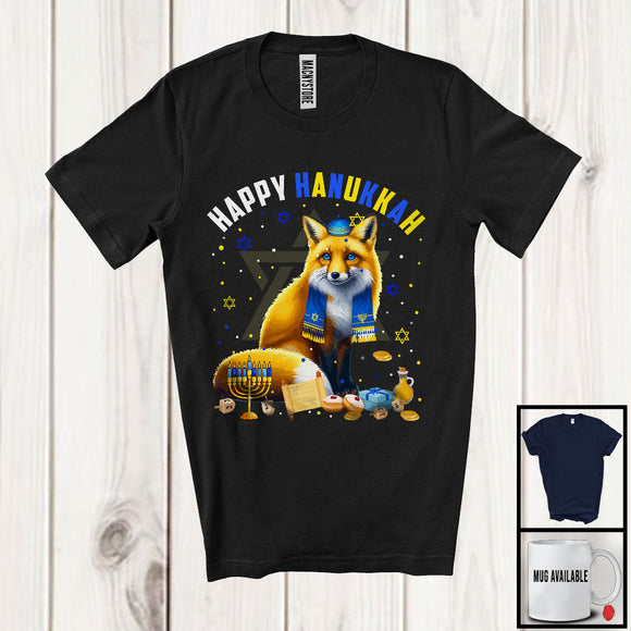 MacnyStore - Happy Hanukkah; Lovely Chanukah Fox Wearing Kippah; Wild Animal Lover Menorah Family T-Shirt