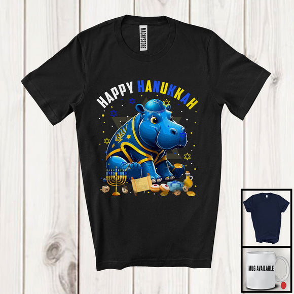 MacnyStore - Happy Hanukkah; Lovely Chanukah Hippo Wearing Kippah; Wild Animal Lover Menorah Family T-Shirt