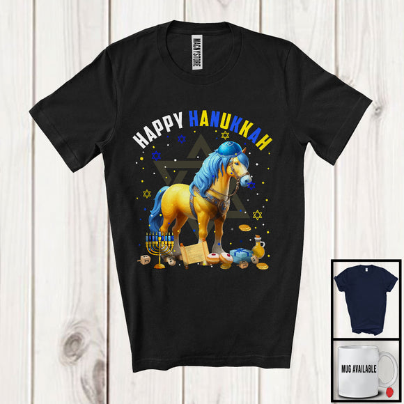 MacnyStore - Happy Hanukkah; Lovely Chanukah Horse Wearing Kippah; Farm Animal Farmer Menorah Family T-Shirt